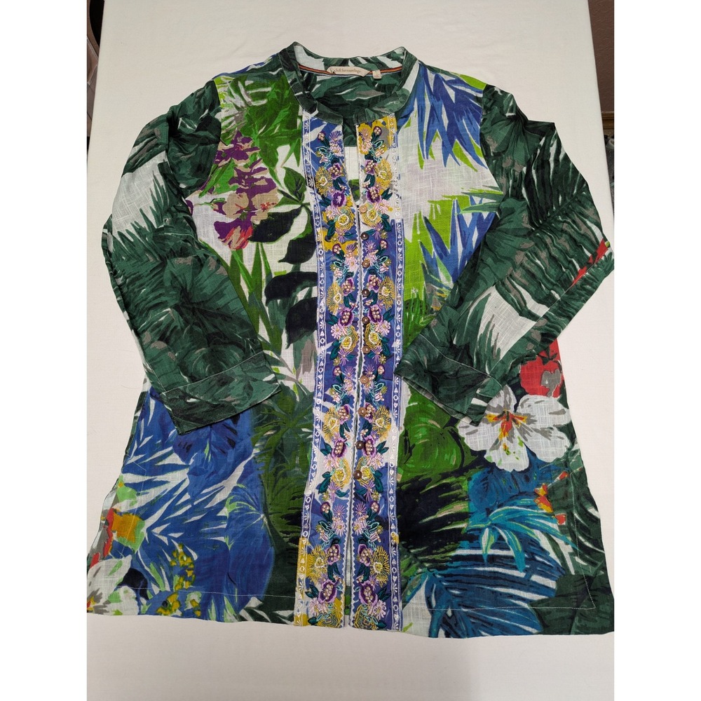 Soft Surroundings Tropical Floral Beaded Embroidered Cotton Tunic Large